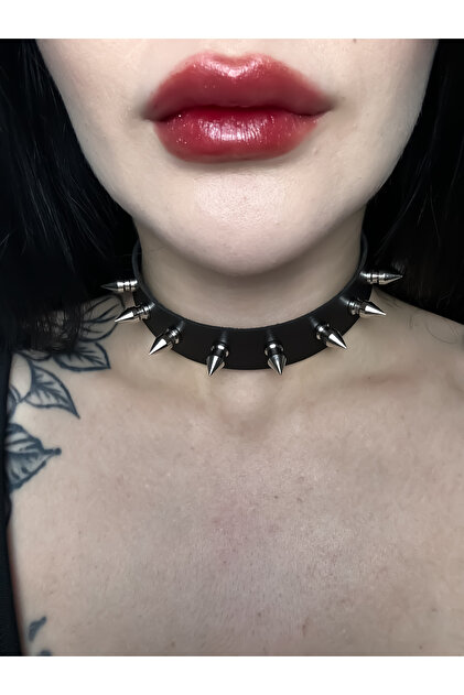 DarkellaStore Gothic Punk Uzun Dikenli Suni Deri Tasma Kolye