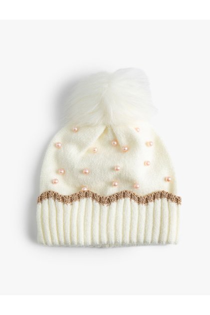 Pompom Knitted Beanie, Detailed with Beaded Retired Knots