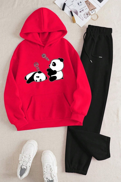 Panda Basklı Kışlık Eşofman Takımı
