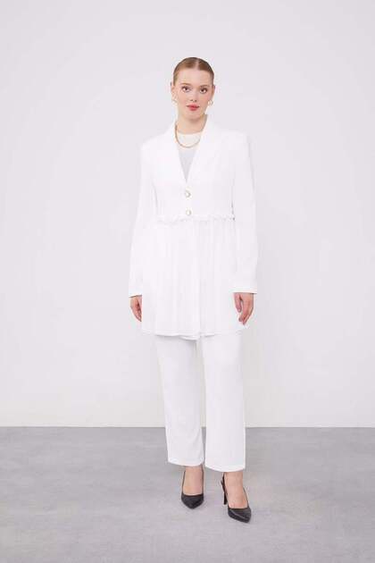 Ecru Shirred Waist Chiffon Jacket Set