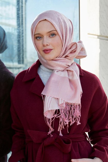 Ethnic Cashmere Silk Shawl with Pink Tassels