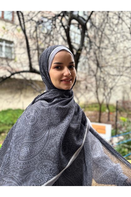 Hijab Paisley Patterned Cotton Shawl Grey-Black
