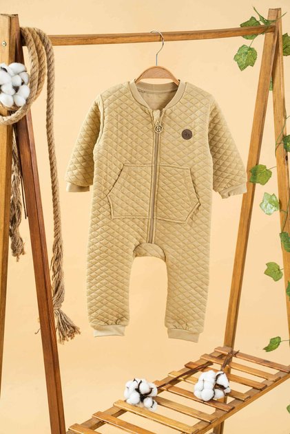 Baby Girl Boy Khaki Quilted Cotton Jumpsuit with Pockets and Zipper