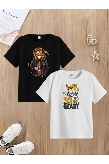 Set of 2 Mixed Printed Unisex Children's Short Sleeve Basic T-Shirts