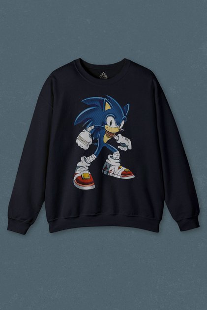 Navy Blue Sweatshirt Sonic The Hedgehog Boom Cartoon Sonic Printed Unisex Sweat