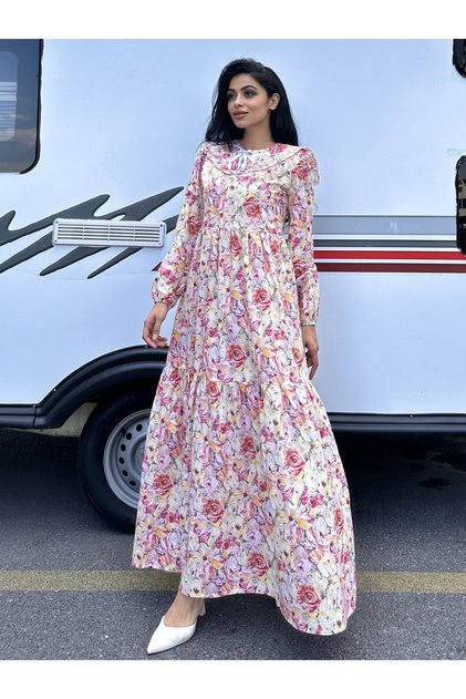 Orange Soft Floral Layered Dress with Hijab Mobile Collar