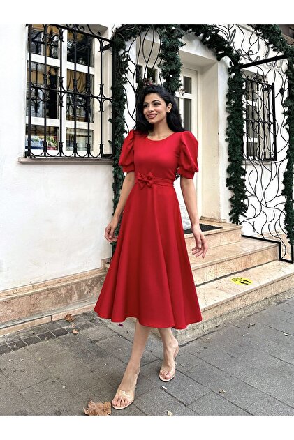 KM BUTK Red Crepe Midi Length Flared Dress with Watermelon Sleeves-  Trendyol