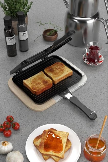 Cast Iron Internal and External Granite Coated, Interlocking and Removable 25X18 cm Stovetop Multi-Purpose Grill and Handheld Toaster