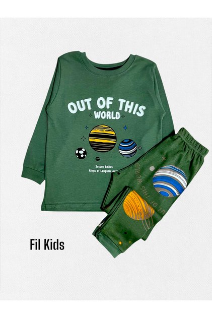 Boy's 100% Cotton Planet Print Green Color Long Sleeve Winter Pajamas Set
