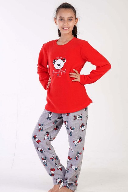 Girl's Long Sleeve Fleece Red Pajama Suit C4T0N0O503