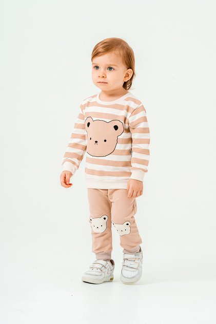 Striped Bear Printed Seasonal Long Sleeve Cycling Collar Bottom 3-6-9-12-18 Months Baby Boy Set