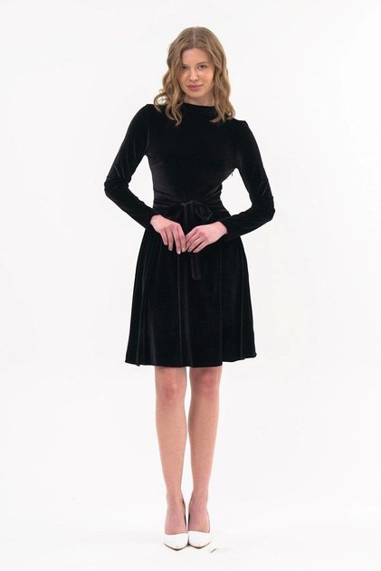Apsen Women's Black Turtleneck Tie Detailed Winter Velvet Flared Short Dress 4461-95