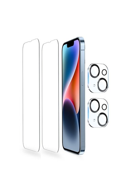 (2 Glass + 2 Lens) 2 Pcs Screen Protector Compatible with iPhone 14 and 2 Pcs Camera Lens Protector