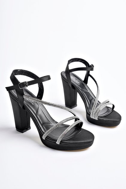 Women's Black Leather Platform 3 Stone Heeled Shoes