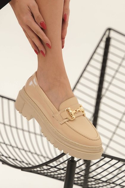 Women's Buckle Detailed Loafer Clare Beige Patent Leather