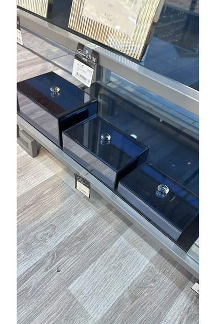 ESTERHOMEDECOR 3’lü Kapaklı aynalı cam aksesuar kutusu antrasit 21,5*15*10cm-19,5*13*7cm-17,5*11*4cm