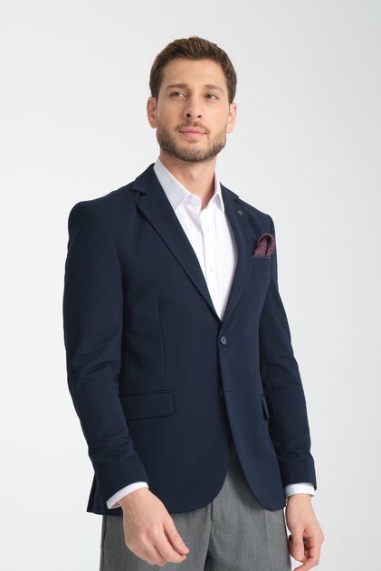 Baselna Erkek Lacivert Esneyen Likralı Kumaşlı Tam Astarlı Slim Fit Mono Yaka Dar Kesim Blazer Ceket