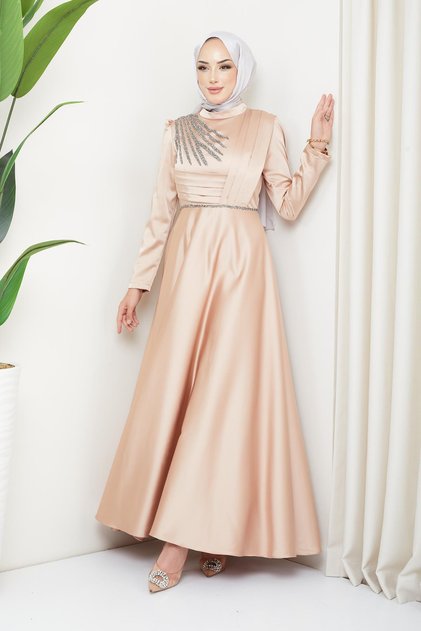Rochie de seara din satin cu pliuri si margele in fata KAMEL 1624