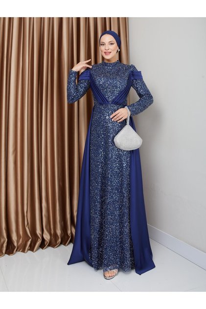 Rochie de seară musulmană cu combinație de satin și paiete, cu fustă și pelerină, ALBASTRU ÎNCHIS 1678