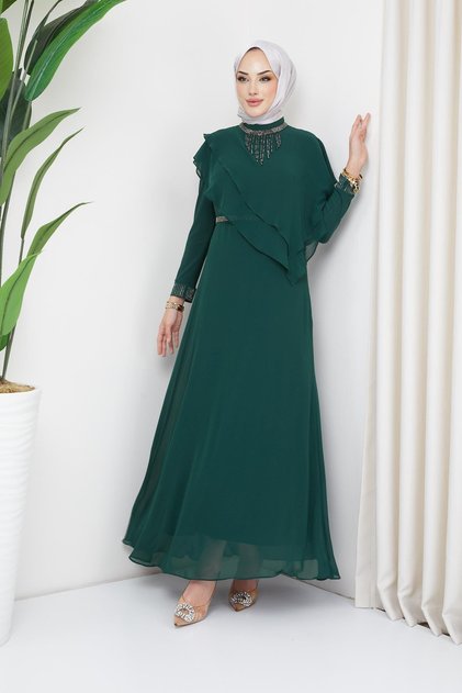 Rochie de seară Hijab din șifon cu piatră și volantă VERDE 1651
