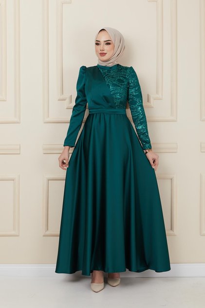 Rochie de seara din satin cu volant si paiete VERDE 1626
