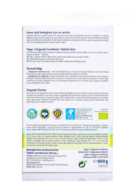 Hipp Organik Combiotic Bebek Sütü 800 gr 0-6 Ay 1 Numara, organik