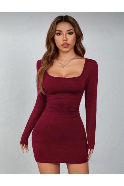MEGOMEL Burgundy Square Neck Long Sleeve Lycra Mini Dress (Seasonal and  Winter)- Trendyol