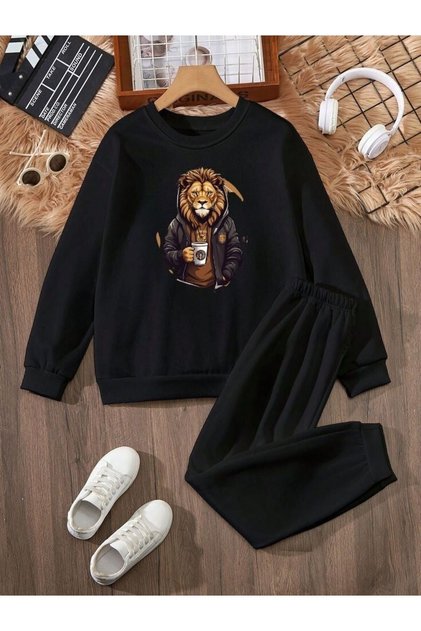 Cool Lion Printed Crew Neck Unisex Kids Tracksuit Set
