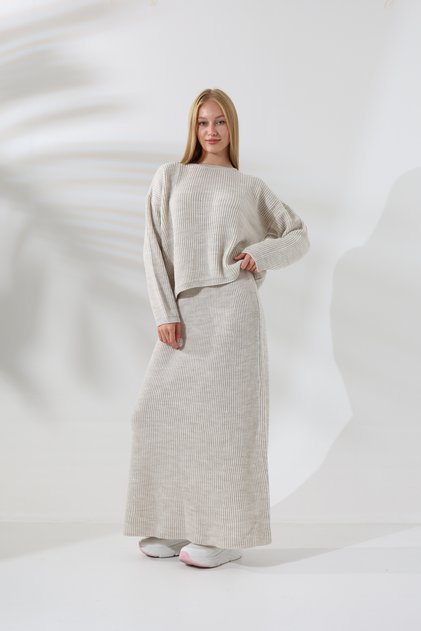 Round Crew Neck Long Sleeve Short Sweater Elastic Waist Thessaloniki Knitted Corduroy Skirt Knitwear Two Piece Set