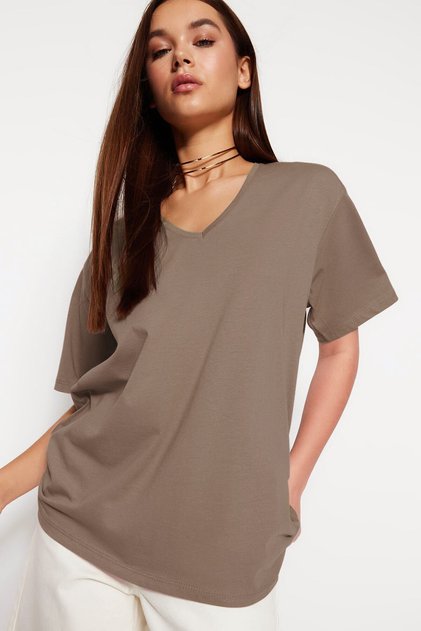 Nerzfarbenes, 100 % Baumwolle, Oversize/weite Passform, V-Ausschnitt, Strick-T-Shirt TWOSS23TS00003