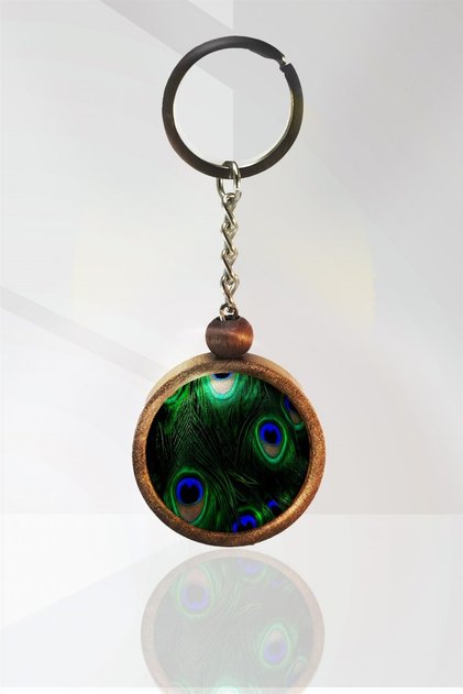 Peacock Feather Wooden Keychain Single Size N11.3021