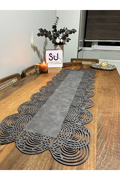 Patterned Gray Smoked Faux Leather Look Thick Fabric Runner American Service Butterfly Detail Tablecloth