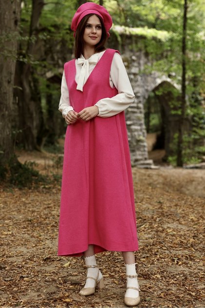 Pink Stamp Long Winter V-neck Gilet Dress and Stamp Hat (set of 2)