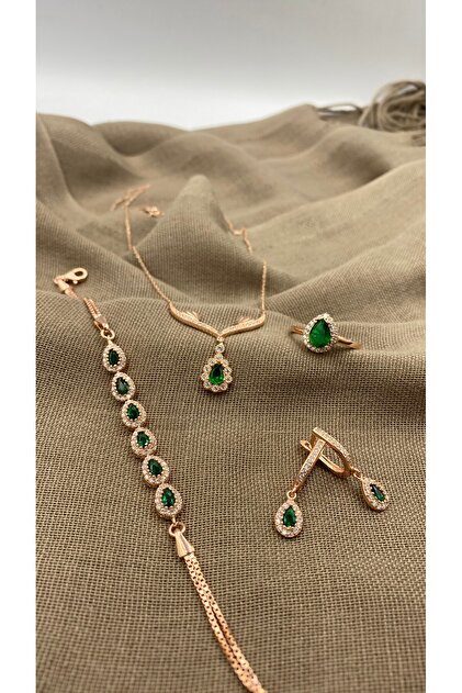 SURA SILVER YEŞİL DAMLA MODEL ZİRKON TAŞ 925 AYAR ROSE GÜMÜŞ SET