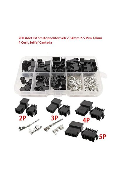 200 Adet Jst Sm Konnektör Seti 2,54mm 2-5 Pim Takım 4 Çeşit Şeffaf Çantada