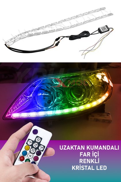 Oto Far Içi Kristal Şerit Renkli Led Kumandalı Kayan Dizayn Sinyalli Çok Renkli Ve Modlu 16 Led