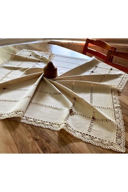 Buldan Lace Fabric Coffee Beaded Kopanakhi Guipure 100X100 Fiskos Tablecloth