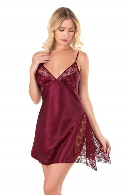Women's Satin Transparent Lace Nightgown with Slits | Burgundy 8138