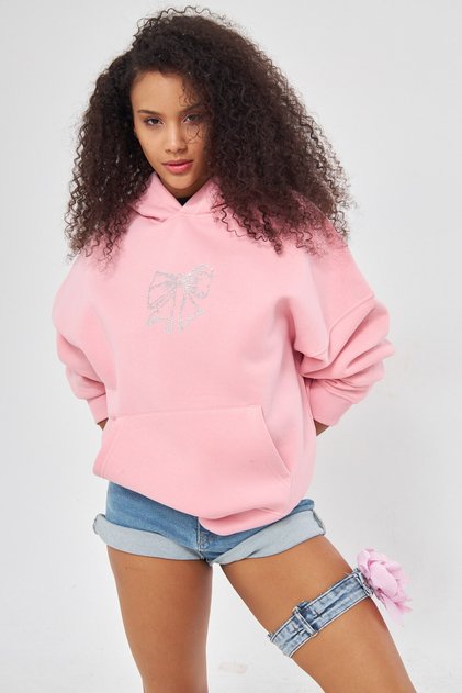 Women's Oversize Sweatshirt Hoodie with Bow Print in Pink – Hooded, Kangaroo Pocket, 3 Thread Ribs
