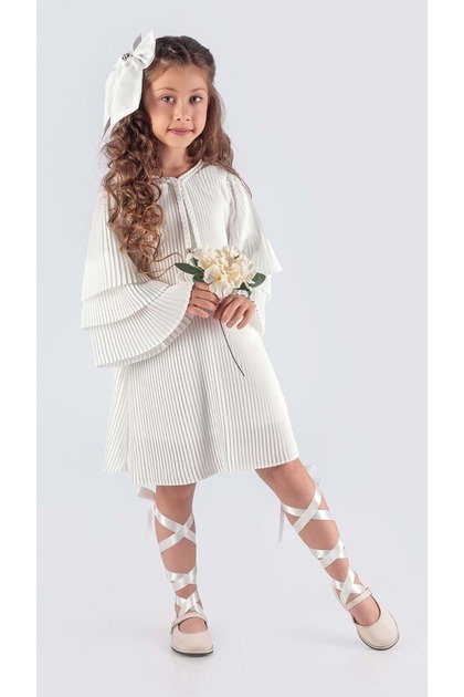 Girl's Crepe Pleated Dress Mnk0595 White