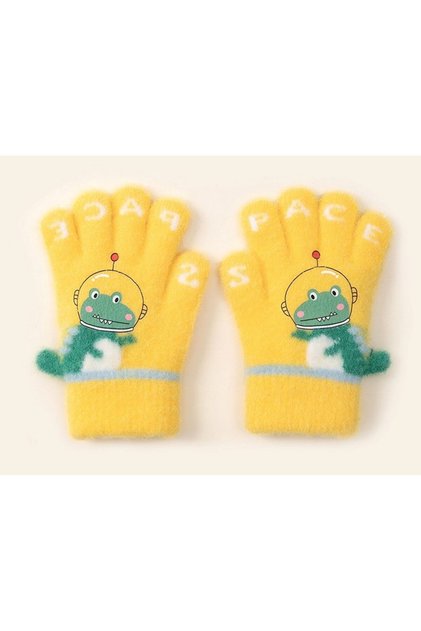 Space Alien Dino Warm Knitted Yellow Cute Gloves for 3-6 Years Old