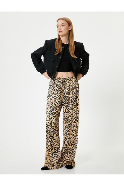 Leopard Print Satin Trousers Straight Leg with Lace-Up Waist