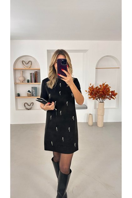 Black Shiny Stone Faux Suede Dress