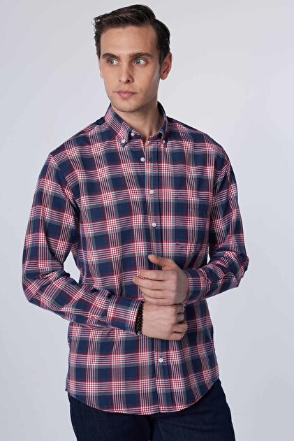 Classic Fit Long Sleeve Buttoned Collar Small Checked Cotton Men's Shirt