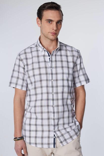 Men's Regular Fit Classic Cut 100% Cotton Linen Texture Single Pocket Checked Button Lapel Shirt