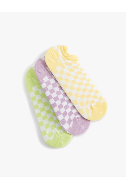 Set of 3 Booties Socks Checkered Patterned Multicolored