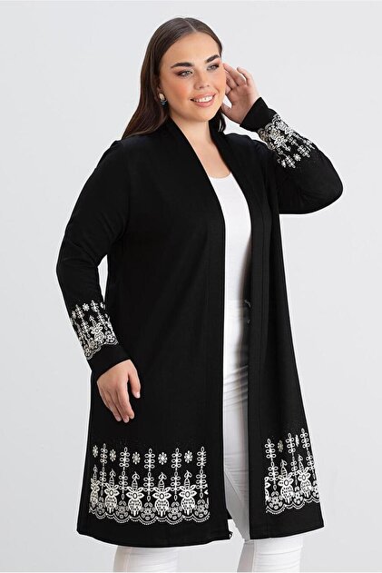 Women's Plus Size Open Front Long Viscose Cardigan with Stretchy Floral Print at the Hem and Sleeves (length 100 cm)