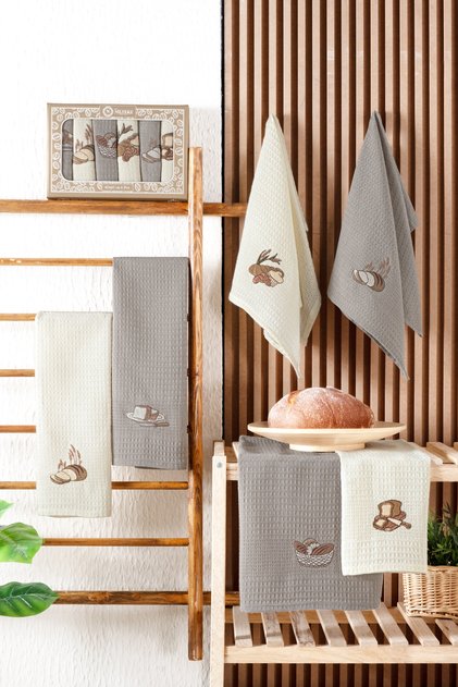 Set of 6%100% Cotton Embroidered Kitchen Napkins and Drying Cloths - 40X60 cm