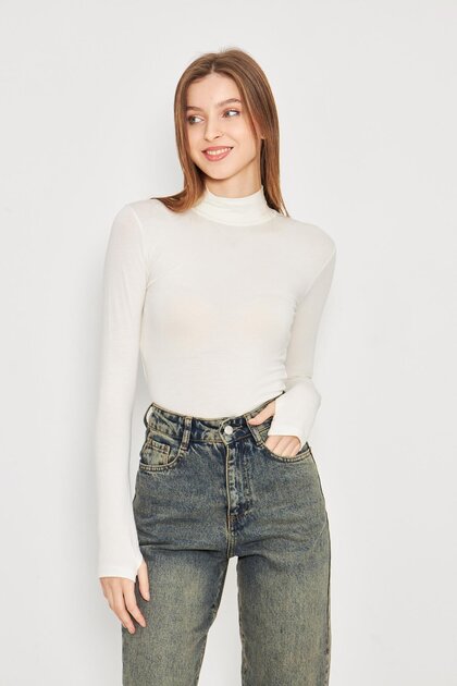 Women's Cream Finger Detail Turtleneck Lycra Bodysuit 173