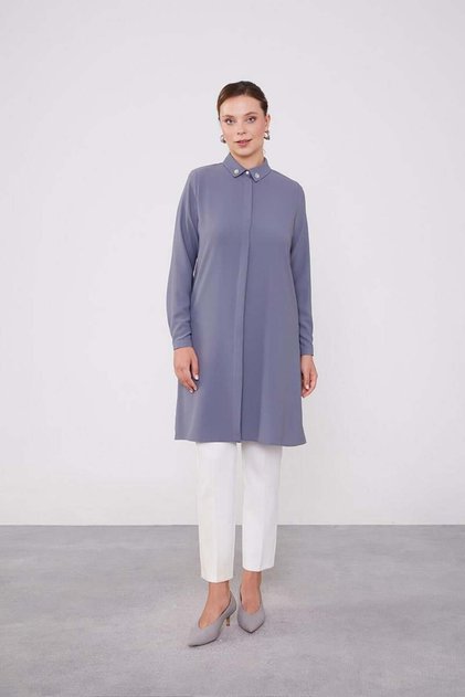 Anthracite Long Shirt with Stone Collar